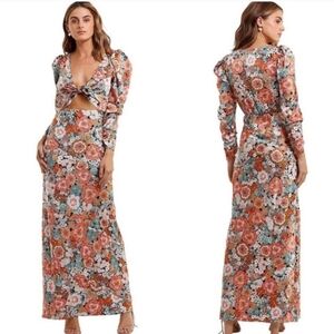 For Love & Lemons Polly Retro 70s Floral Bohemian Tie Front Maxi Dress Size L